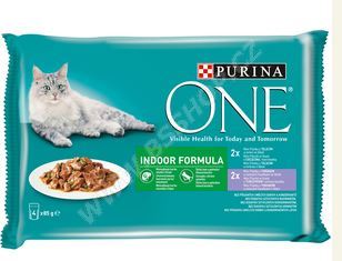 PURINA ONE INDOOR tuňák se zelenými fazolkami a telecí s mrkví ve šťávě 4x85g (83987194)
