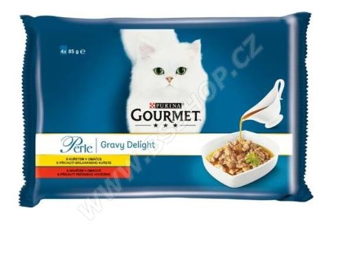 Gourmet Perle Gravy Delight s kuřetem a hovězím masem 4x85g