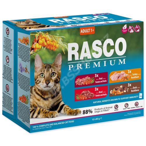 Kapsičky RASCO Premium Cat Pouch Adult - 3x beef, 3x veal, 3x turkey, 3x duck