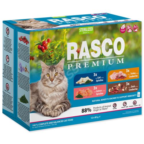 Kapsičky RASCO Premium Cat Pouch Sterilized - 3x salmon, 3x cod, 3x duck, 3x turkey