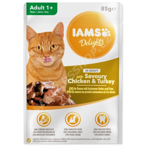 Kapsička IAMS Cat delights kuřecí a krůtí v omáčce 85g