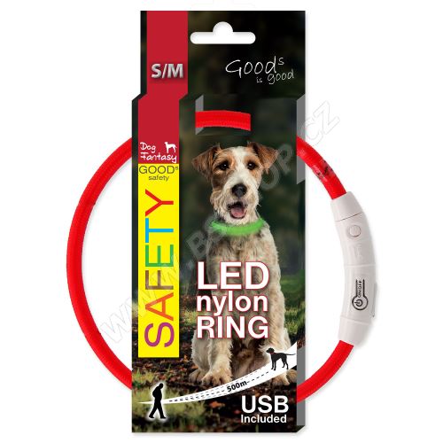 Obojek DOG FANTASY LED nylonový červený S/M 45cm