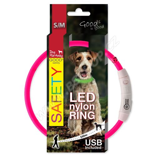 Obojek DOG FANTASY LED nylonový růžový S/M 45cm