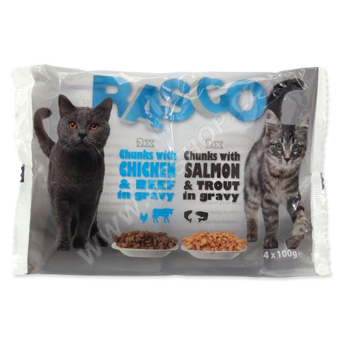 Kapsičky RASCO Cat s lososem a pstruhem/s kuřecím a hovězím 4x100g